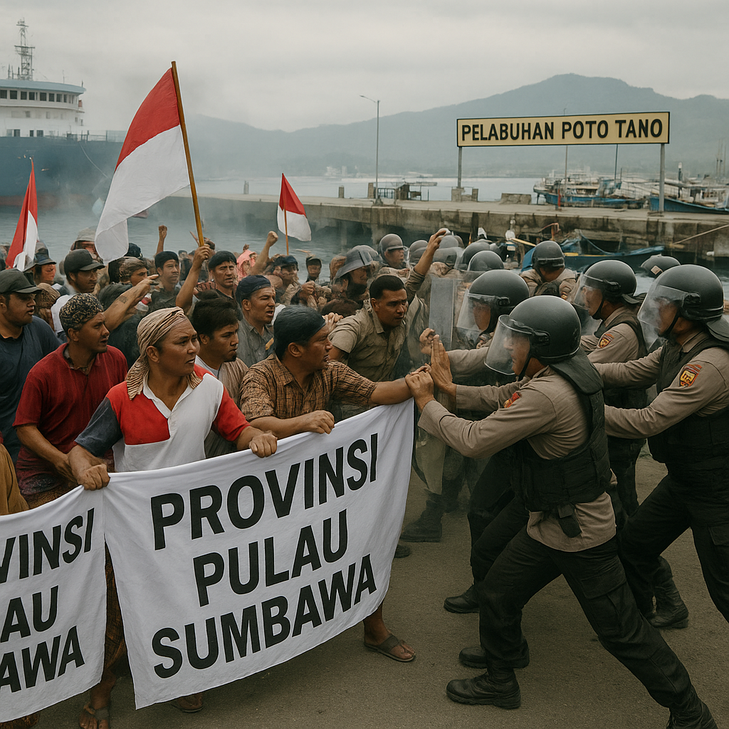 Aksi Dukungan Provinsi Pulau Sumbawa Sempat Memanas, Aparat dan Massa Saling Dorong