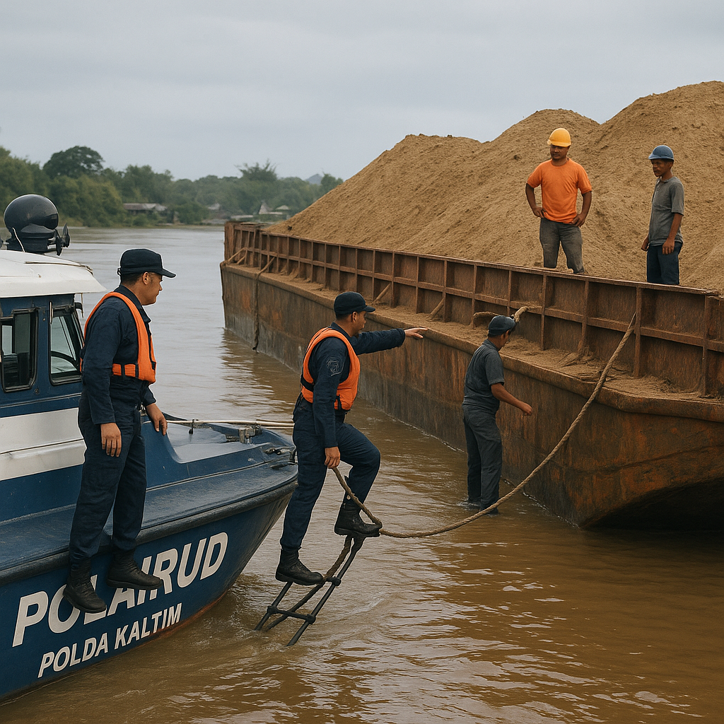 Polairud Polda Kaltim Amankan Kapal Pengangkut Galian C Ilegal di Perairan Mahakam