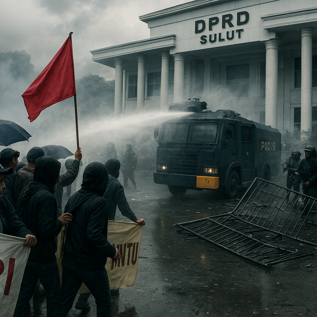 Demo Ricuh di DPRD Sulut, Pagar Roboh dan Aparat Paksa Bubarkan Massa dengan Water Cannon
