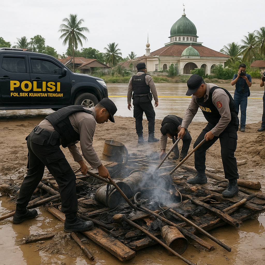 Aparat Musnahkan Rakit PETI di Belakang Masjid di Kuansing