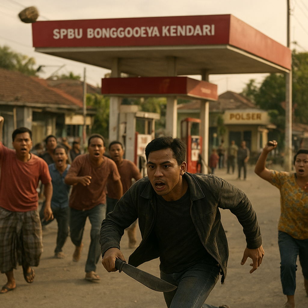 Detik-detik Keributan di SPBU Bonggoeya Kendari, Warga Kejar Pria Bersenjata Parang, Dilempari Batu