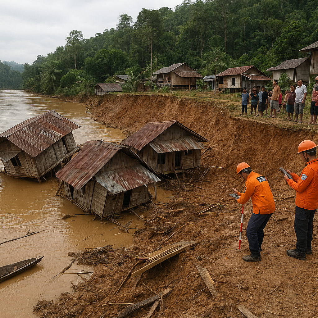 BREAKING NEWS: Tebing Sungai Mahakam di Muara Bunyut Kubar Longsor, 4 Rumah Amblas ke Sungai