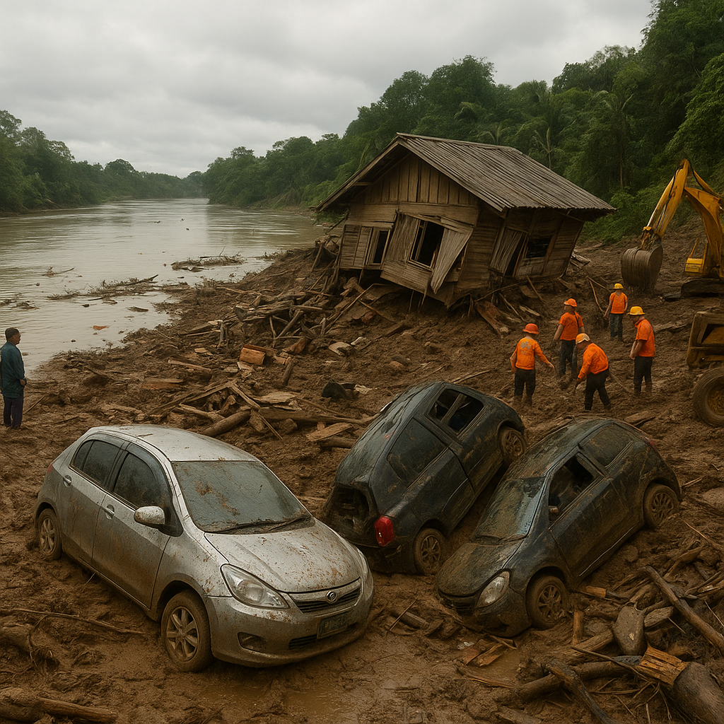 Longsor di Kutai Barat: Rumah Terperosok ke Sungai Mahakam, 31 Kendaraan Tertimbun