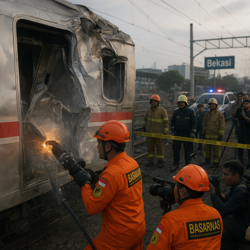 Evakuasi Penumpang, Basarnas Potong Gerbong KRL yang Ditabrak KA Argo Bromo di Bekasi