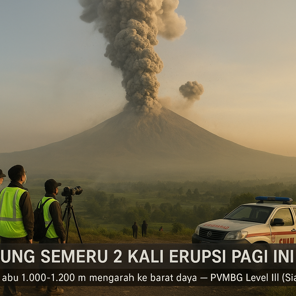 Gunung Semeru 2 Kali Erupsi Pagi Ini, Kolom Abu Tebal Mengarah ke Barat Daya