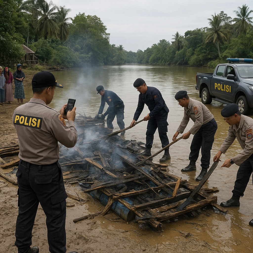 Polsek Kuantan Mudik Tertibkan PETI di Sungai Tanalo Ulu, 5 Rakit Dimusnahkan