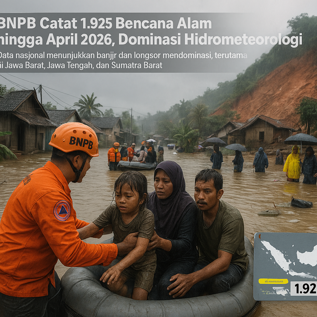 BNPB Catat 1.925 Bencana Alam hingga April 2026, Dominasi Hidrometeorologi