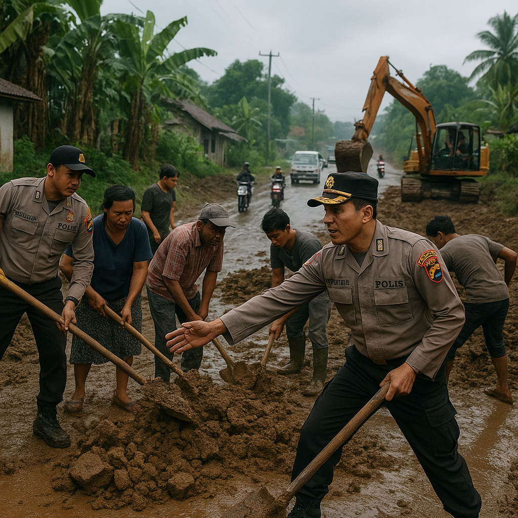 Polisi dan Warga Kompak Timbun Material Longsor di Desa Serangai, Arus Lalu Lintas Kembali Pulih
