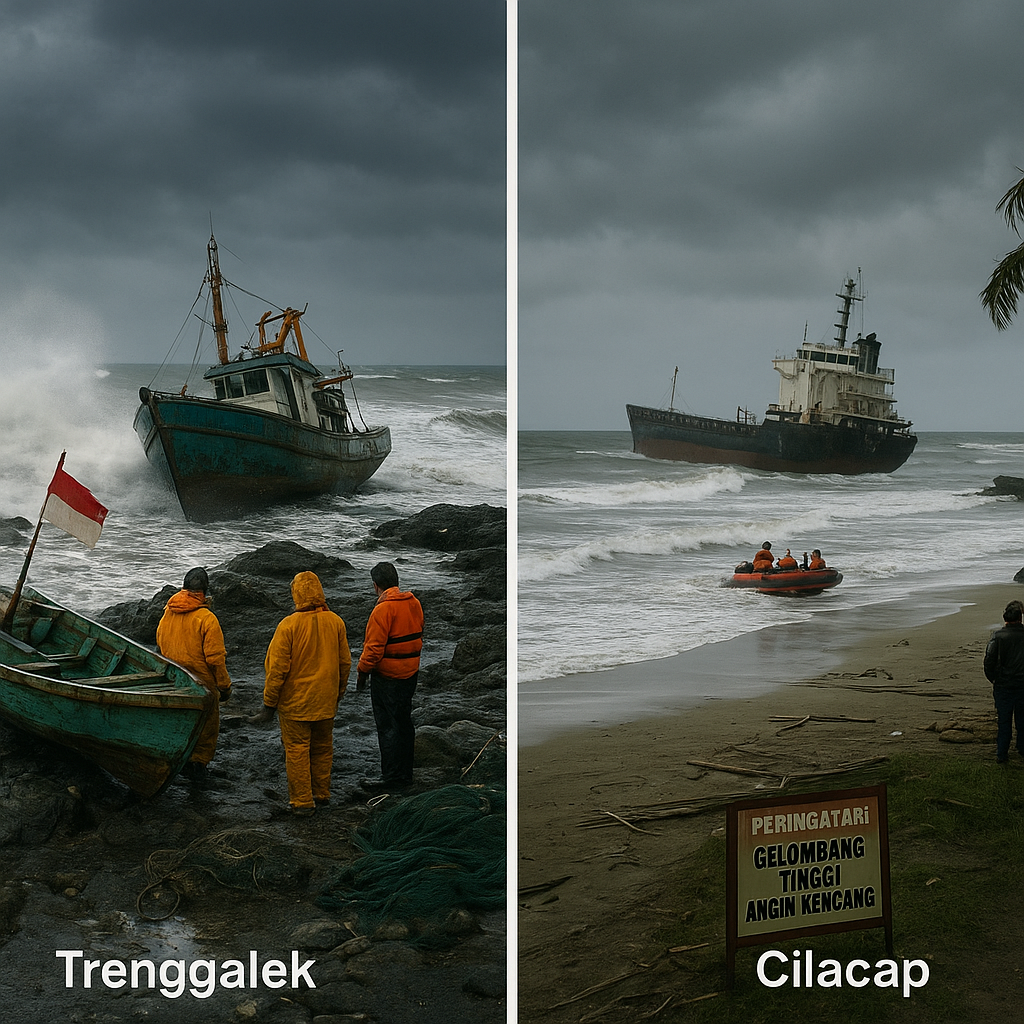 Angin Kencang dan Gelombang Tinggi Landa Pesisir Selatan Jawa, 2 Kapal Terdampar