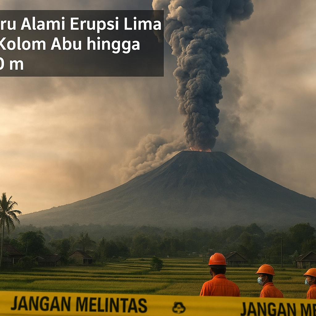 Semeru Alami Erupsi Lima Kali dengan Tinggi Letusan hingga 1.000 Meter